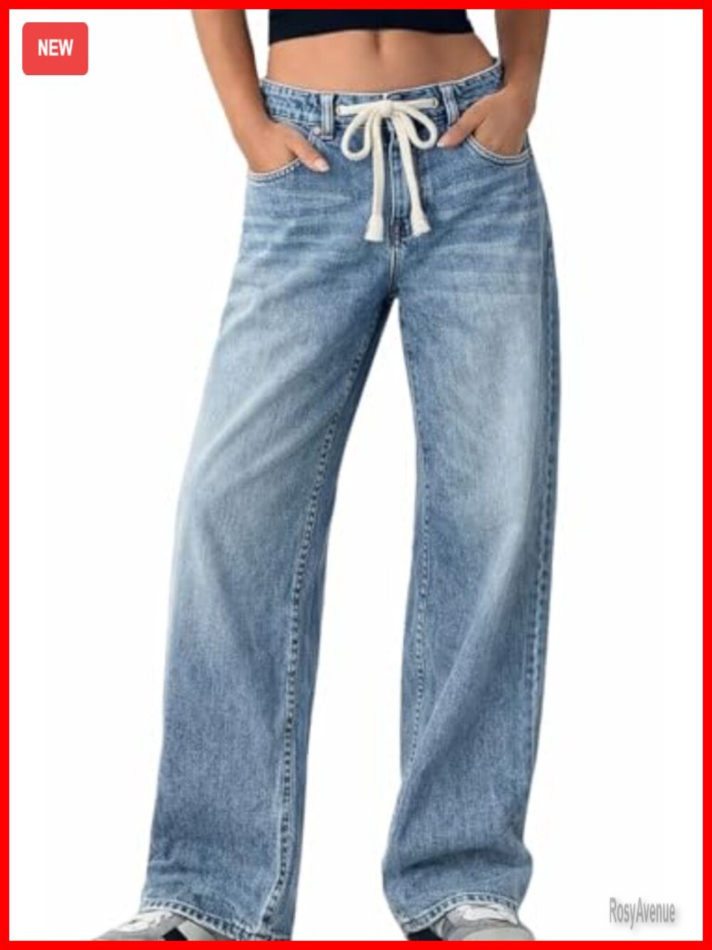Women's Low Rise Baggy Jeans Drawstring Wide Leg Denim Pants Pockets